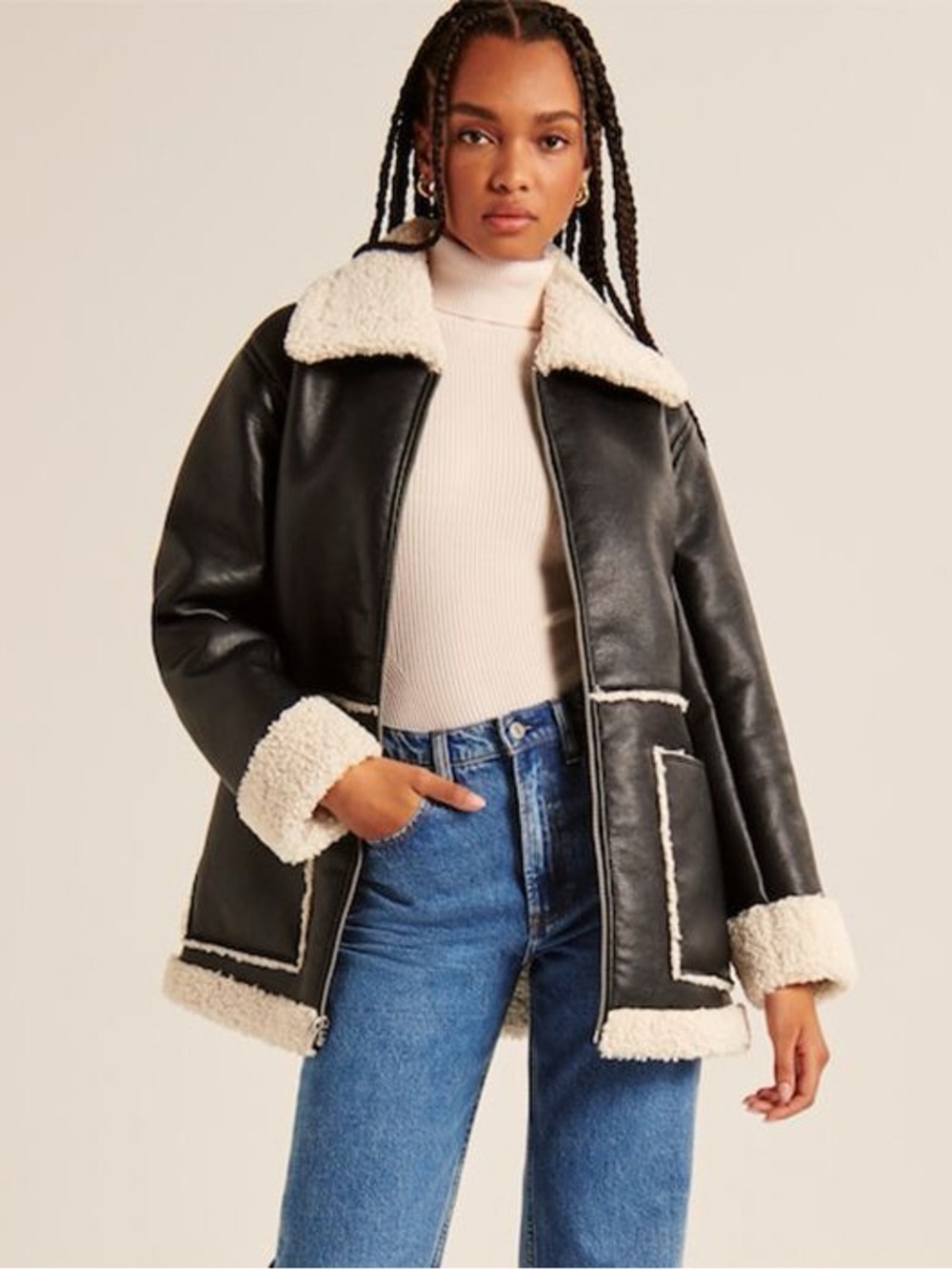 Abercrombie Vegan Faux Leather Shearling Trim Full Zip Coat Winter Fall Size L